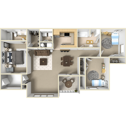 A 3D floor plan of a 3 bedroom, 2 bathroom apartment at Pinnacle Pointe